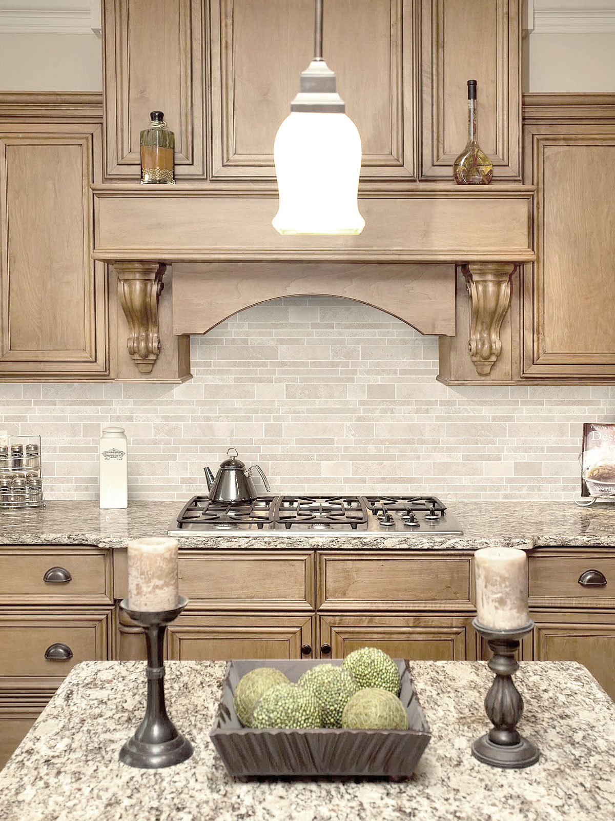 Giallo Ornamental Granite with Backsplash. Travertine subway backsplash tile with giallo ornamental granite countertop #travetinebacksplash #travertinebacksplashtile #travertinekitchen #travertinetile #beigebacksplash #brownbacksplash