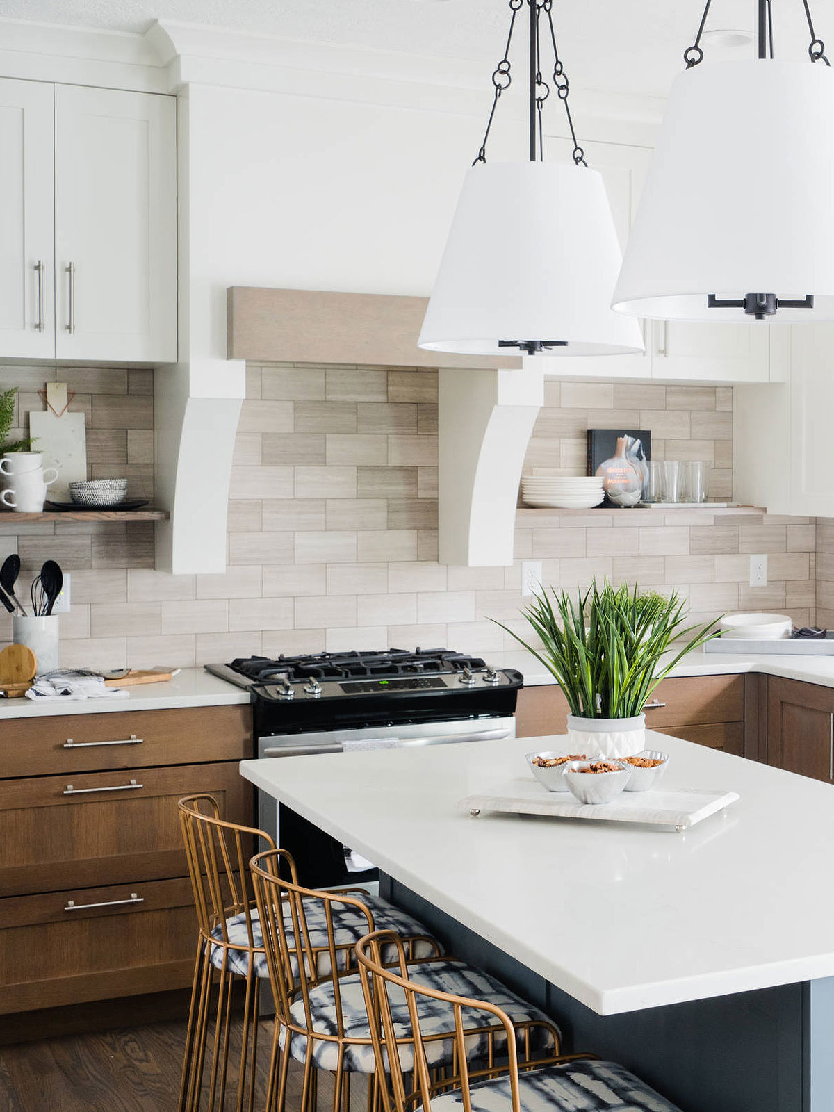 White Quartz Countertop With Warm Gray Marble Subway Backsplash Tile BA2007