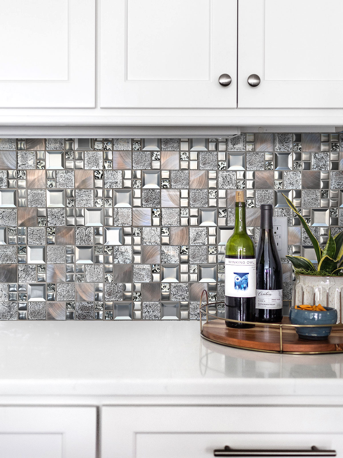 white kitchen with copper glass backsplash tile BA62010