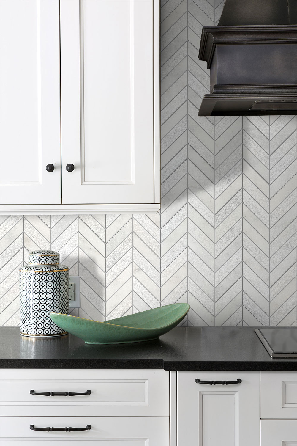 Black Kitchen Countertop White Cabinets And Chevron Backsplash Tile