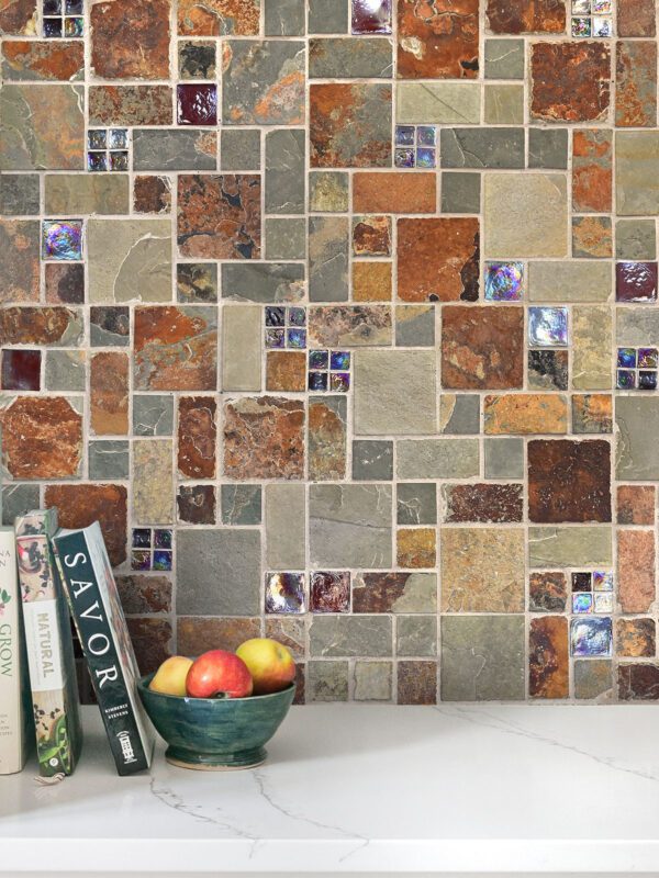 Burgundy glass and slate mosaic backsplash tile BA1027