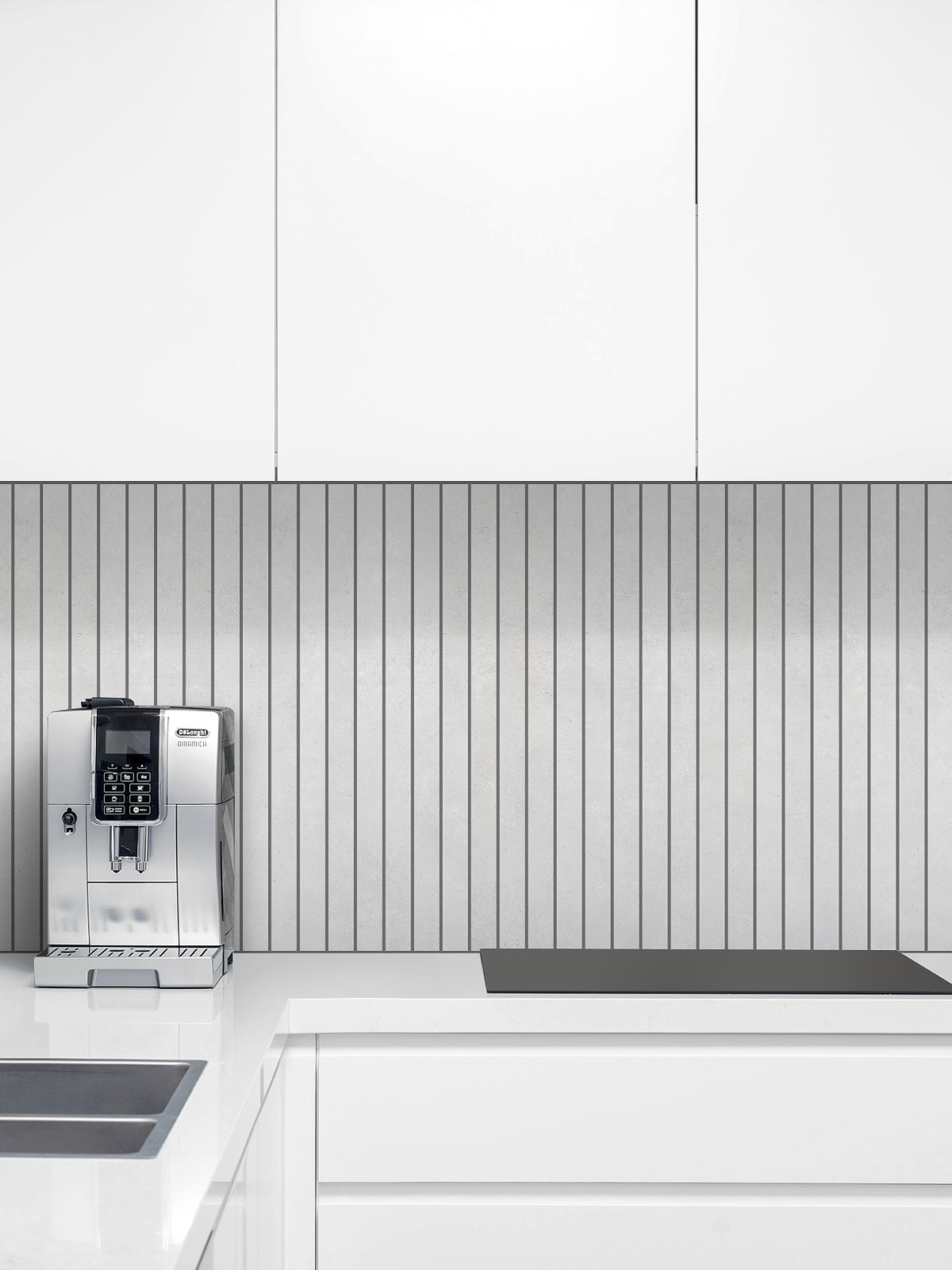 Modern europan kitchen with Modern light gray long backsplash tile