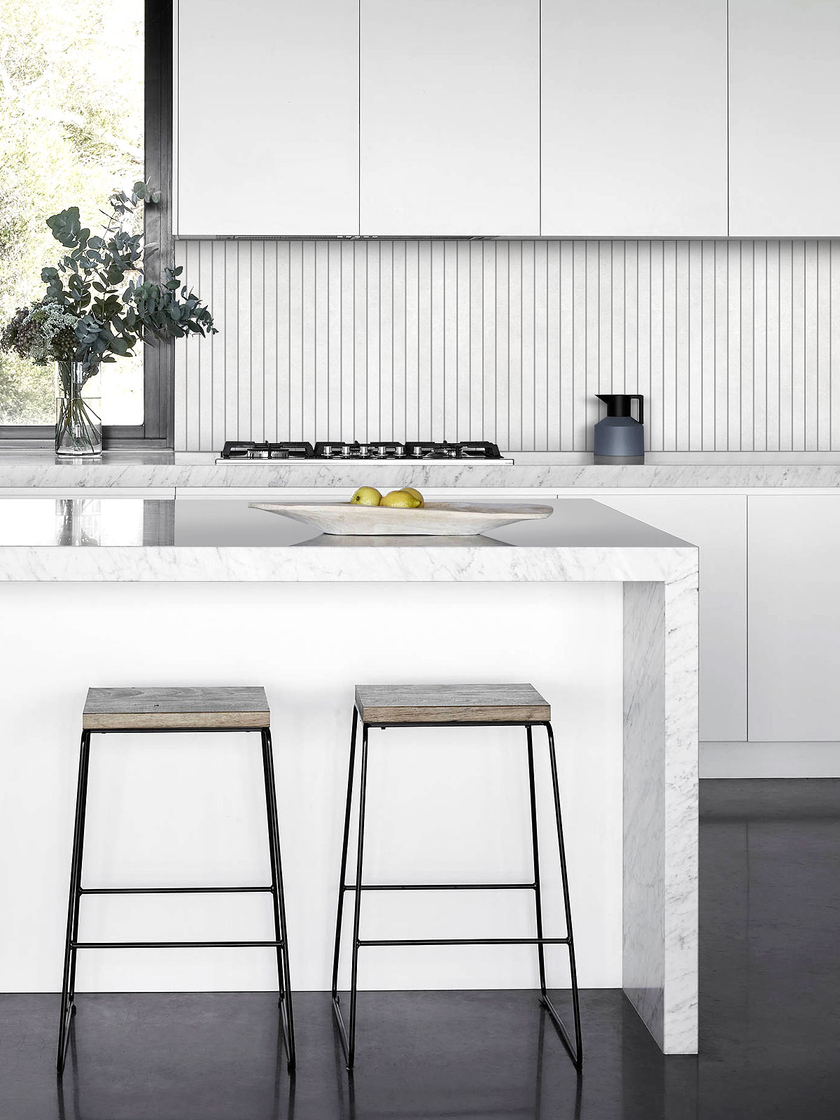 Quartz island with Modern light gray long backsplash tile