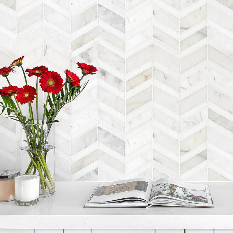 White Gray Gold Chevron Marble Mosaic Backsplash Tile Ba6311 g1