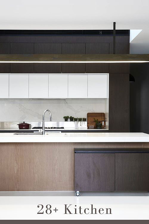 White Backsplash with Brown Cabinets