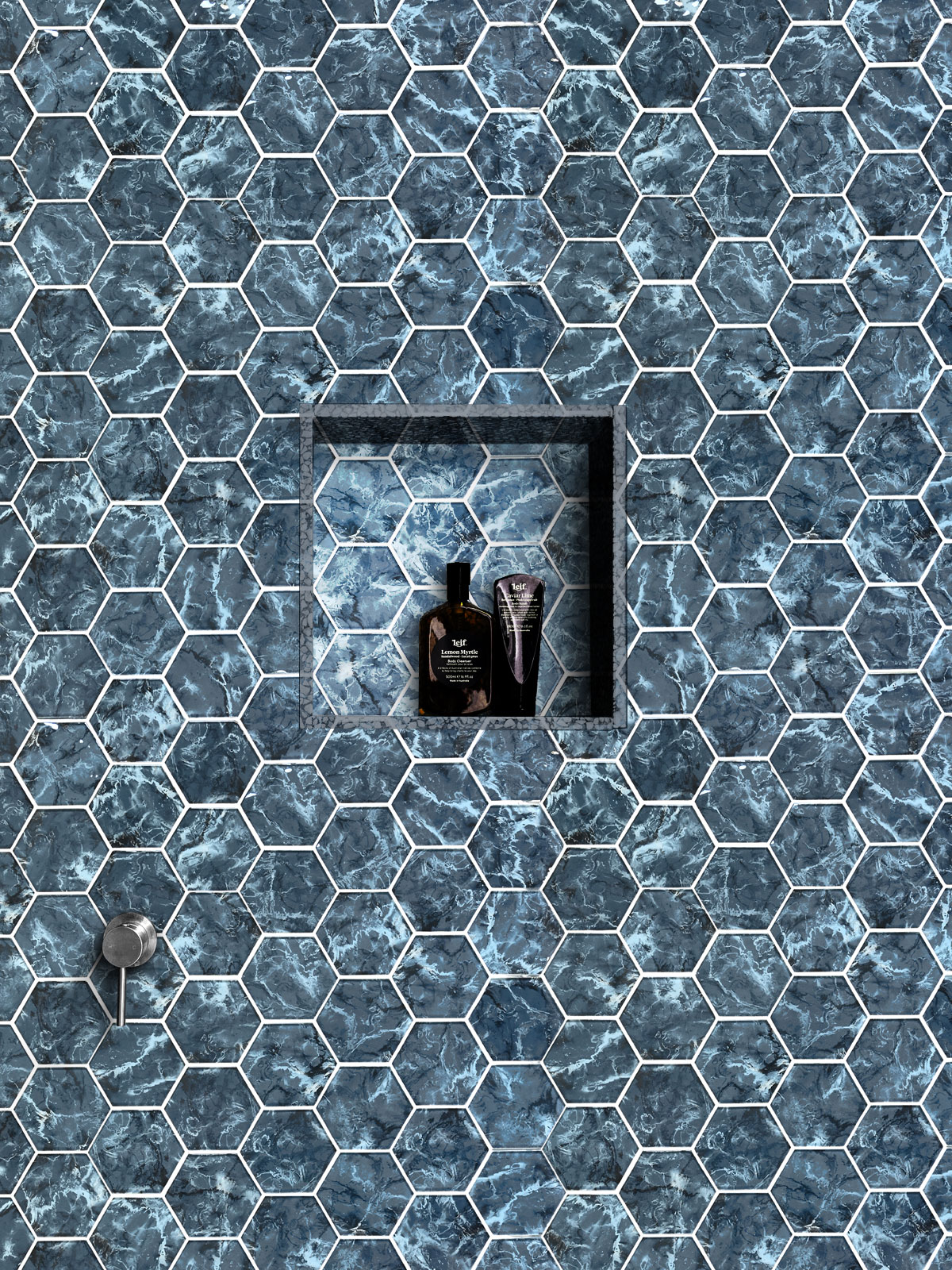 Blue Hexagon Glass Tile Shower Wall BA5501