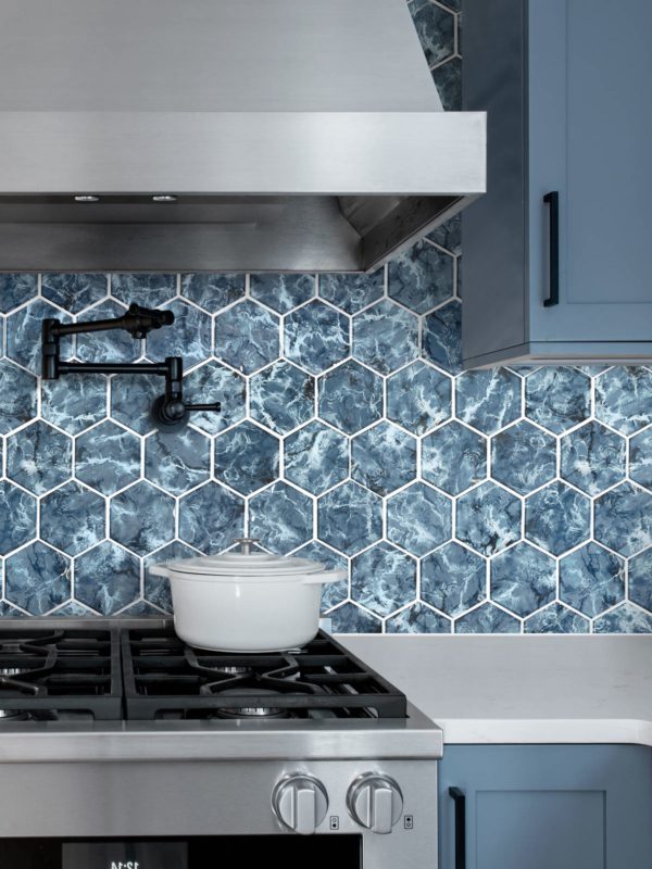 Blue Kitchen Cabinet Blue Hexagon Glass Backsplash Tile BA5501