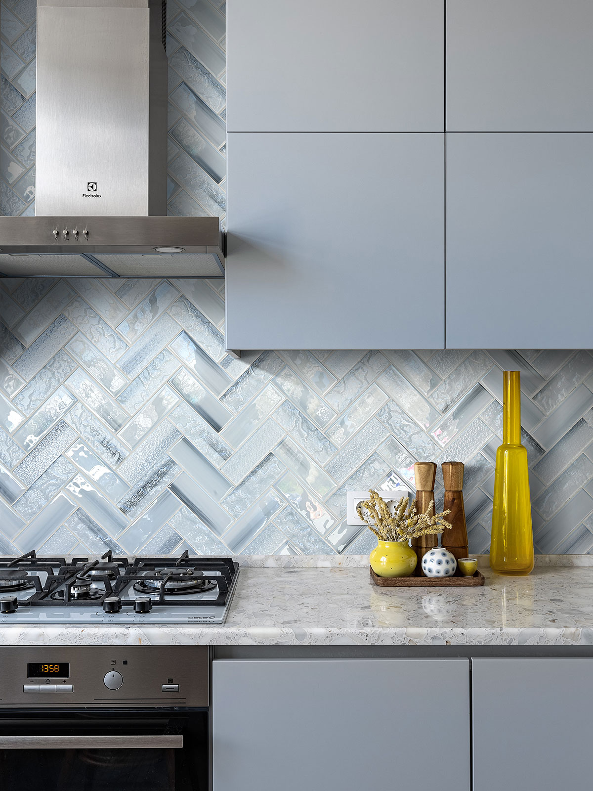 Modern Blue Cabinets Blue Glass Large Herringbone Mosaic Backsplash Tile BA5507