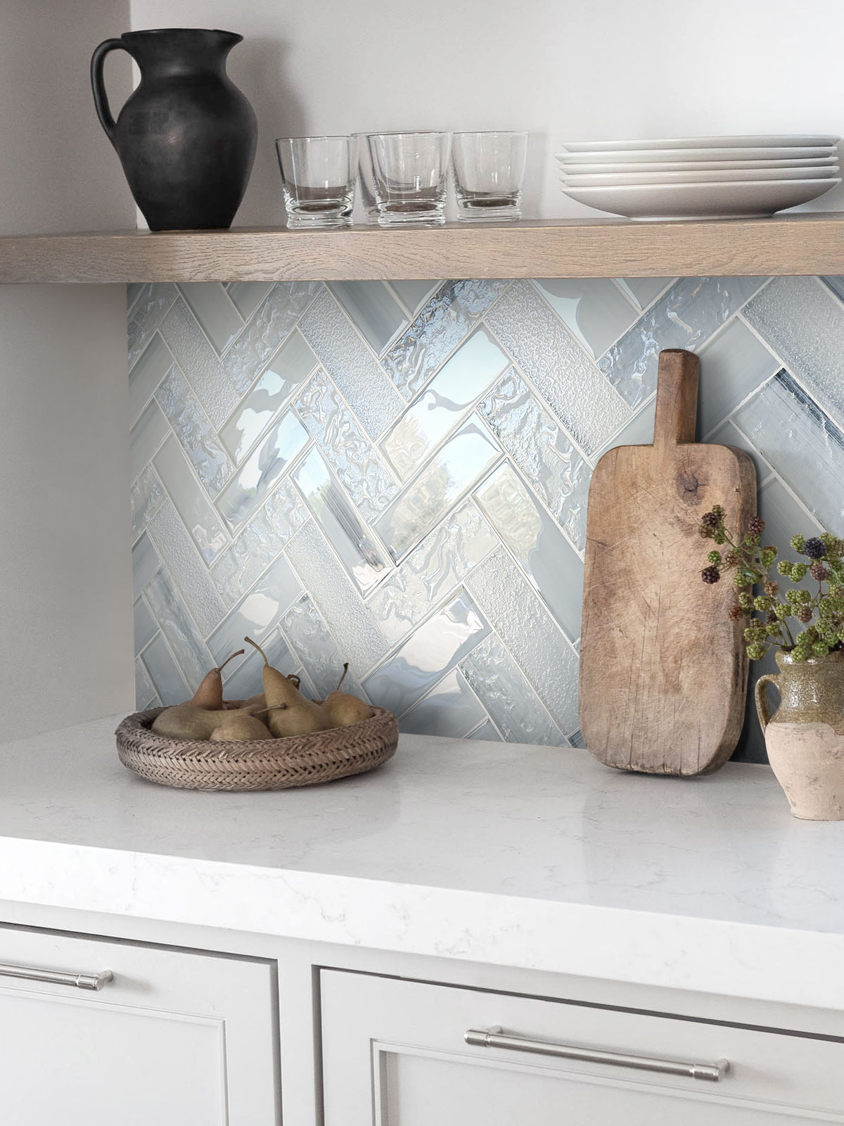White quartz countertop Blue Glass Large Herringbone Mosaic Backsplash Tile BA5507