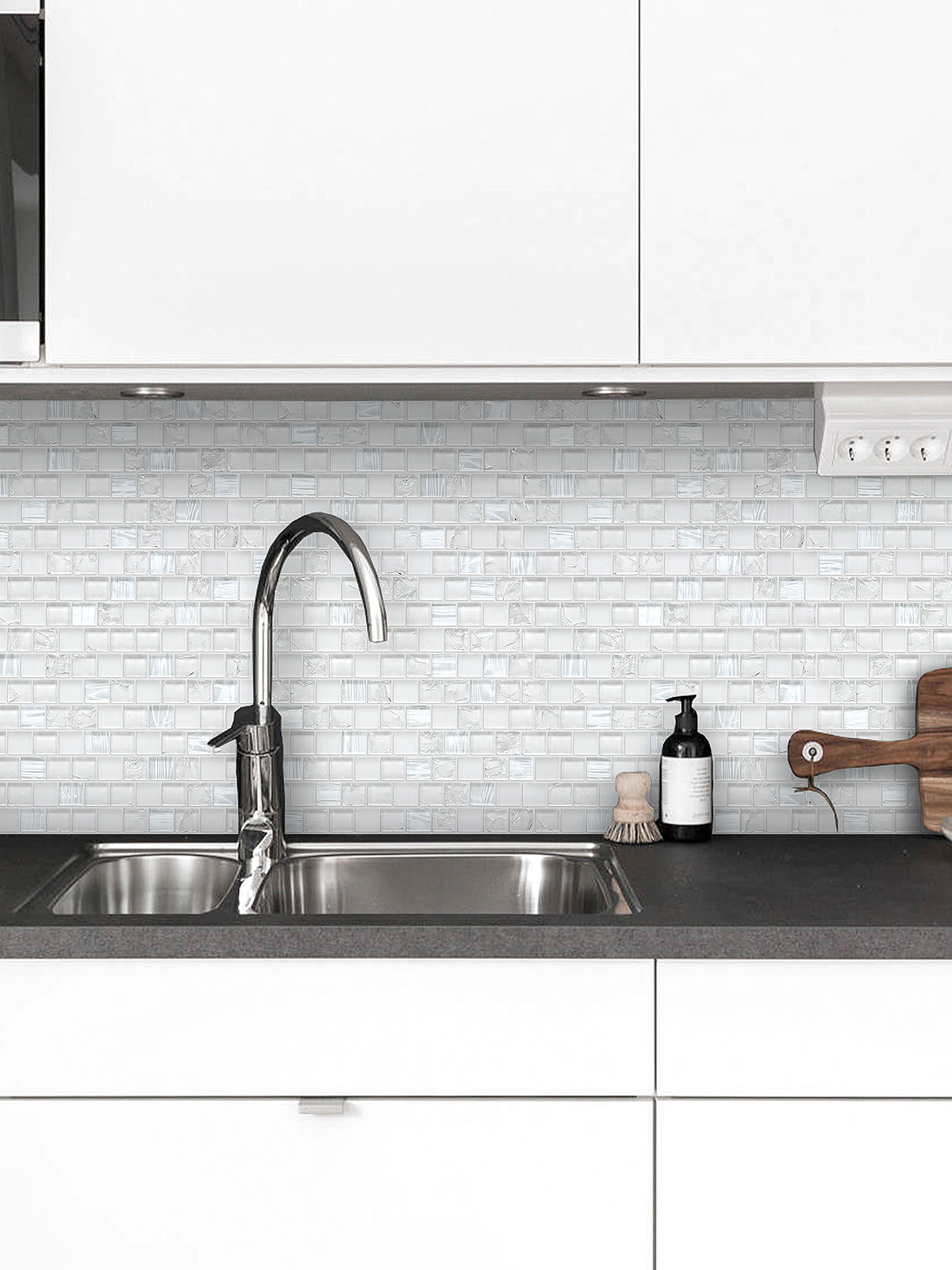 Black Countertop White Cabinet White Shell Crackle Glass Backsplash Tile BA6705