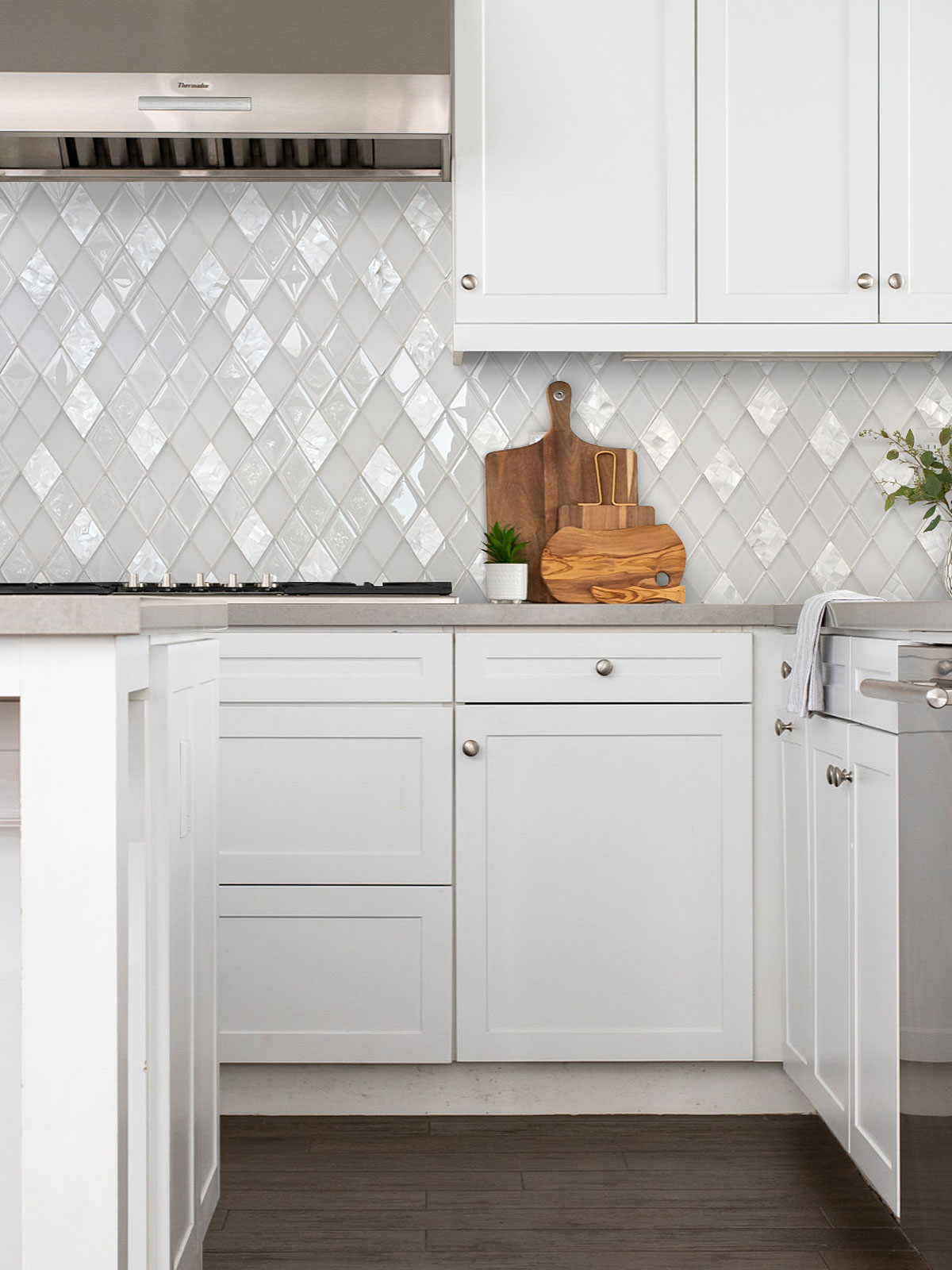 White Kitchen with White Glass Shell Diamond Tile BA6706