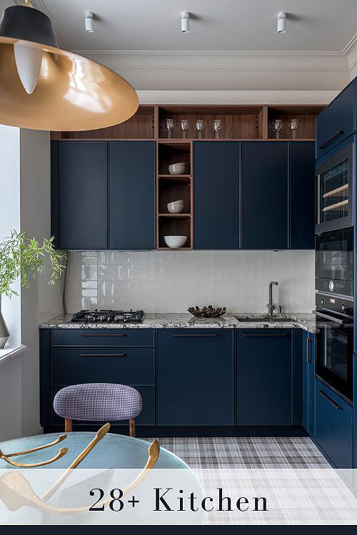 Blue Cabinets with White Backsplash
