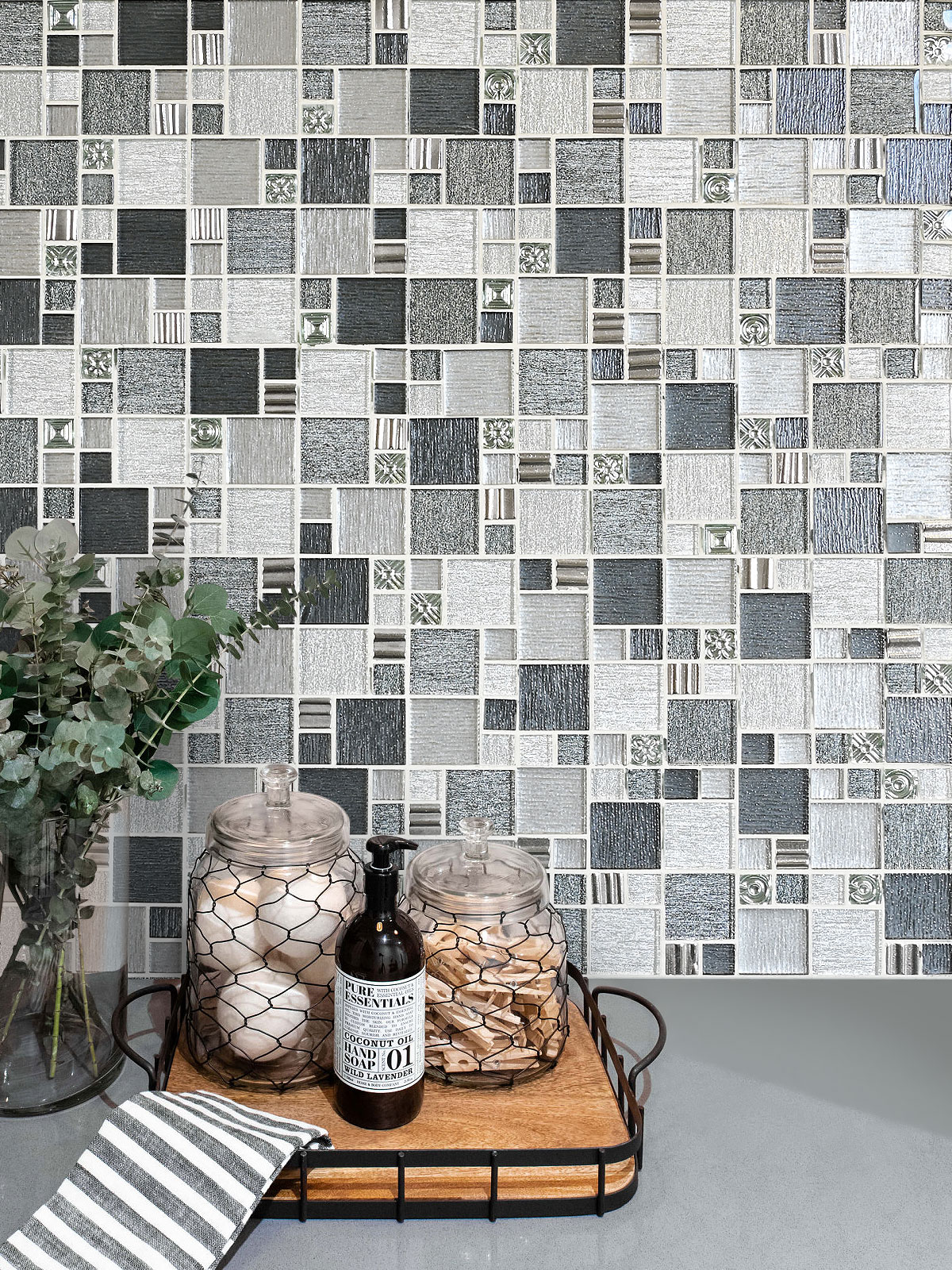 Gray Countertop Gray Black Metallic Textured Glass Backsplash Tile BA8004