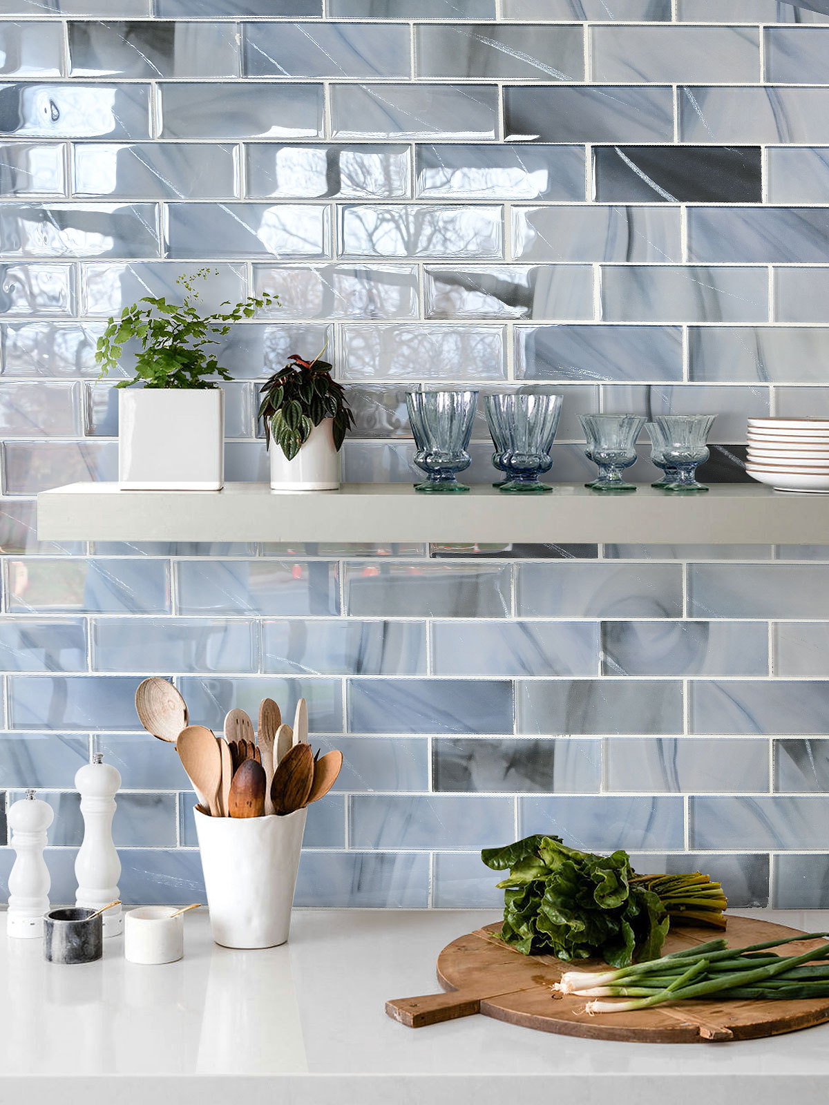 Quartz Countertop Blue Glass with Sparkle Design Subway Backsplash Tile BA8010