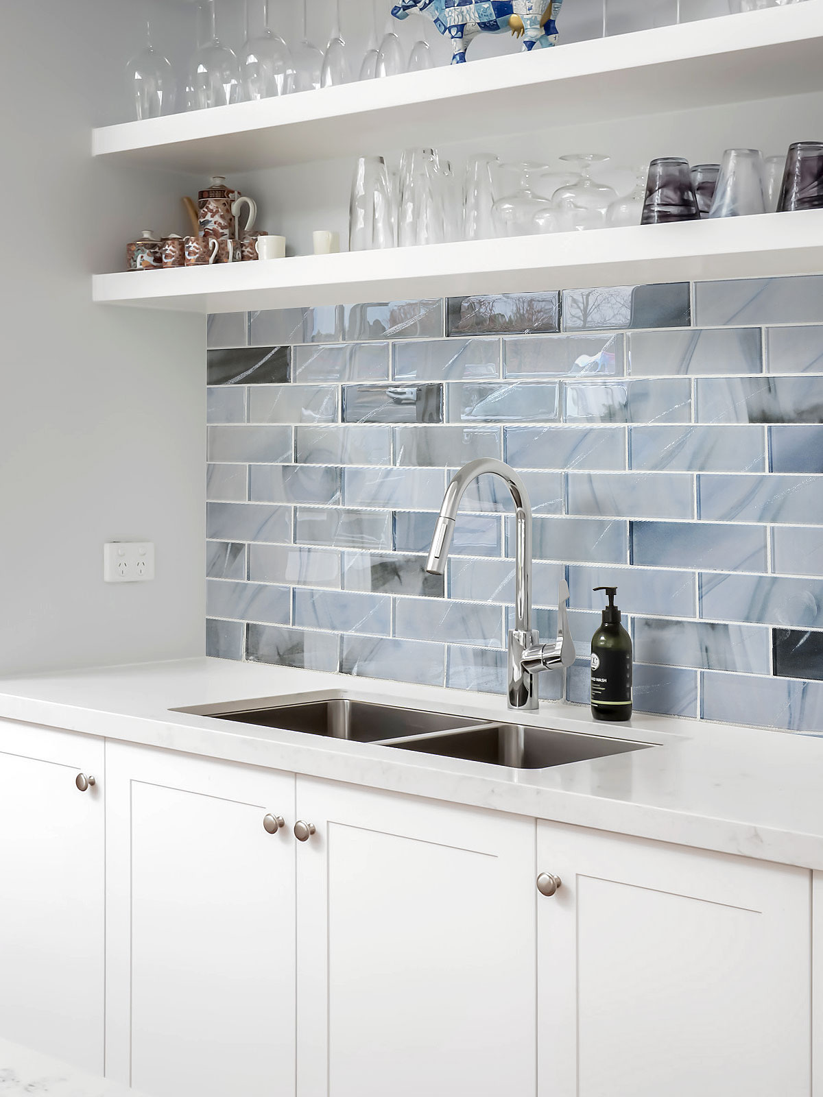 White Kitchen Blue Glass with Sparkle Design Subway Backsplash Tile BA8010