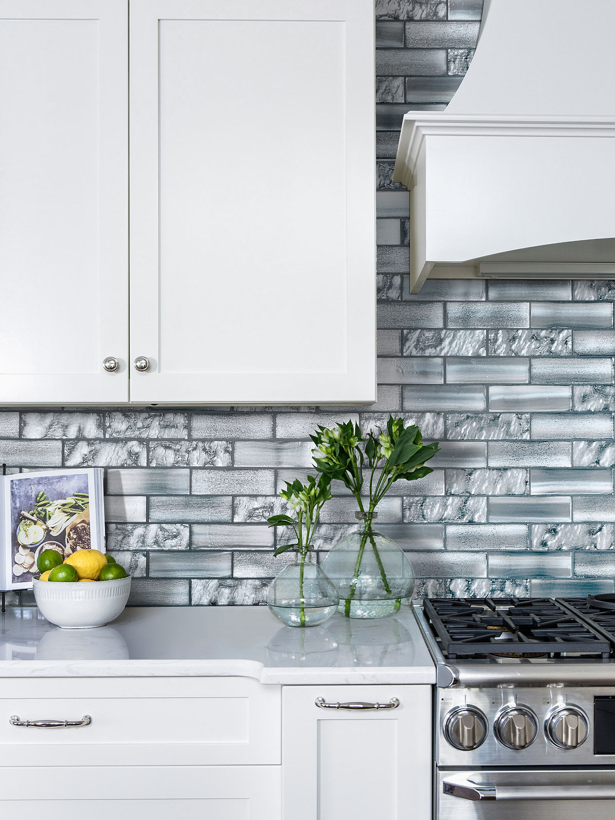 White Cabinet with Space Blue Subway Glass Backsplash Tile