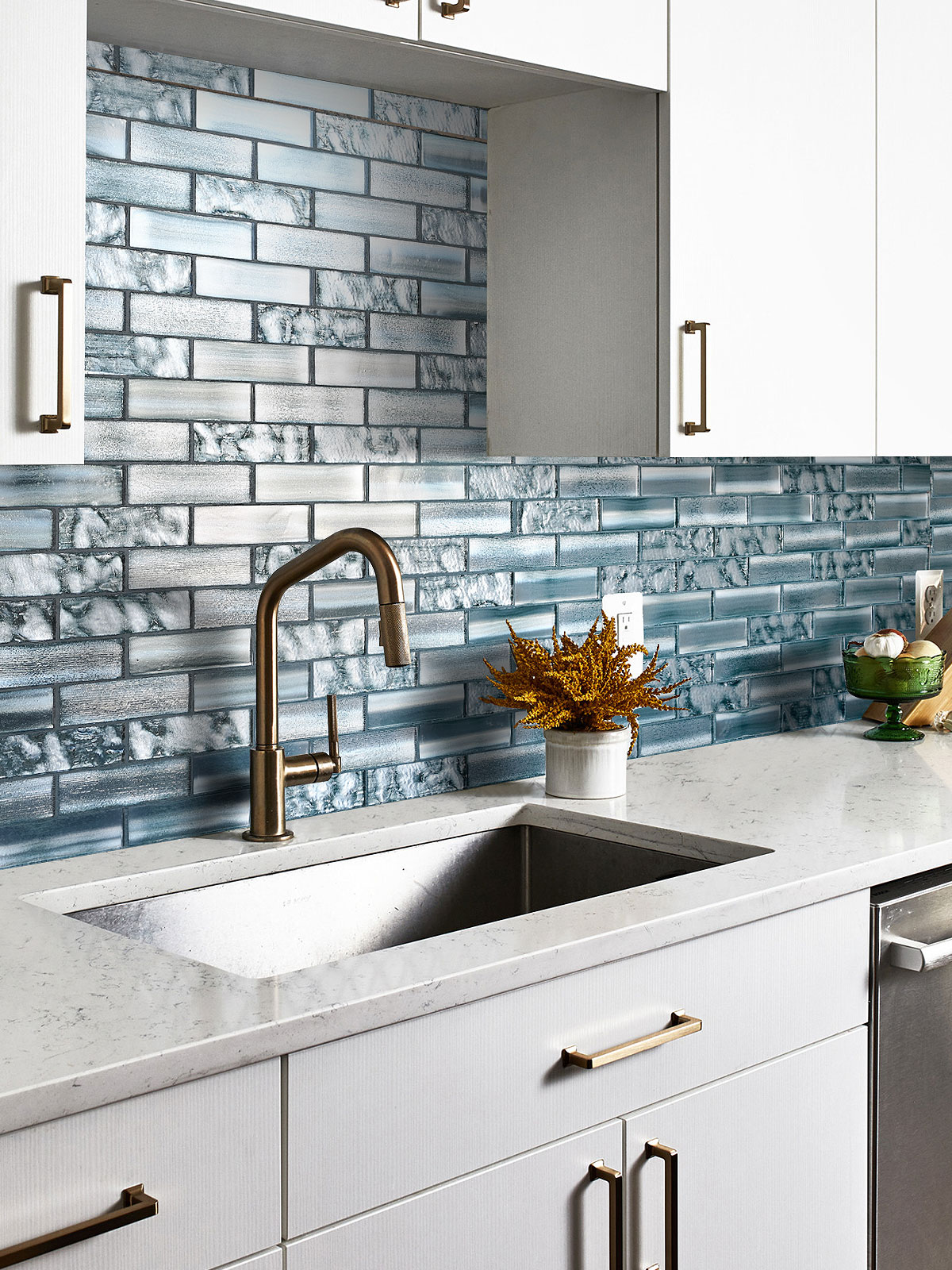 White Kitchen with Space Blue Subway Glass Backsplash Tile