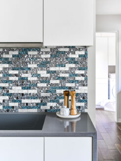 Gray Countertop Blue White Subway Glass Backsplash Tile BA8011