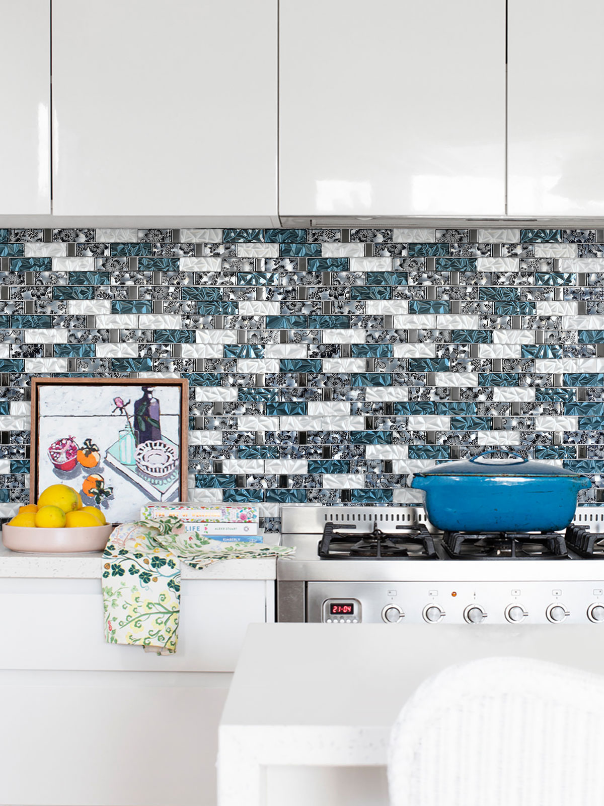 Modern Kitchen Cabinet Blue White Subway Glass Backsplash Tile BA8011