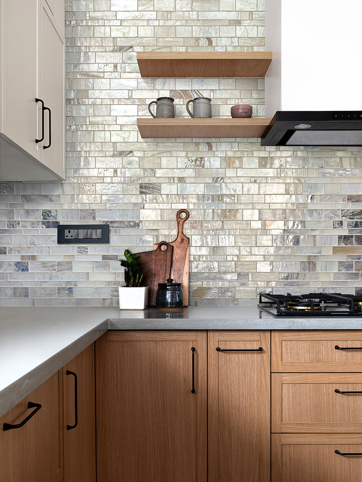 Brown Cabinet with Opal Glass Artisan Mosaic Tile BA7015