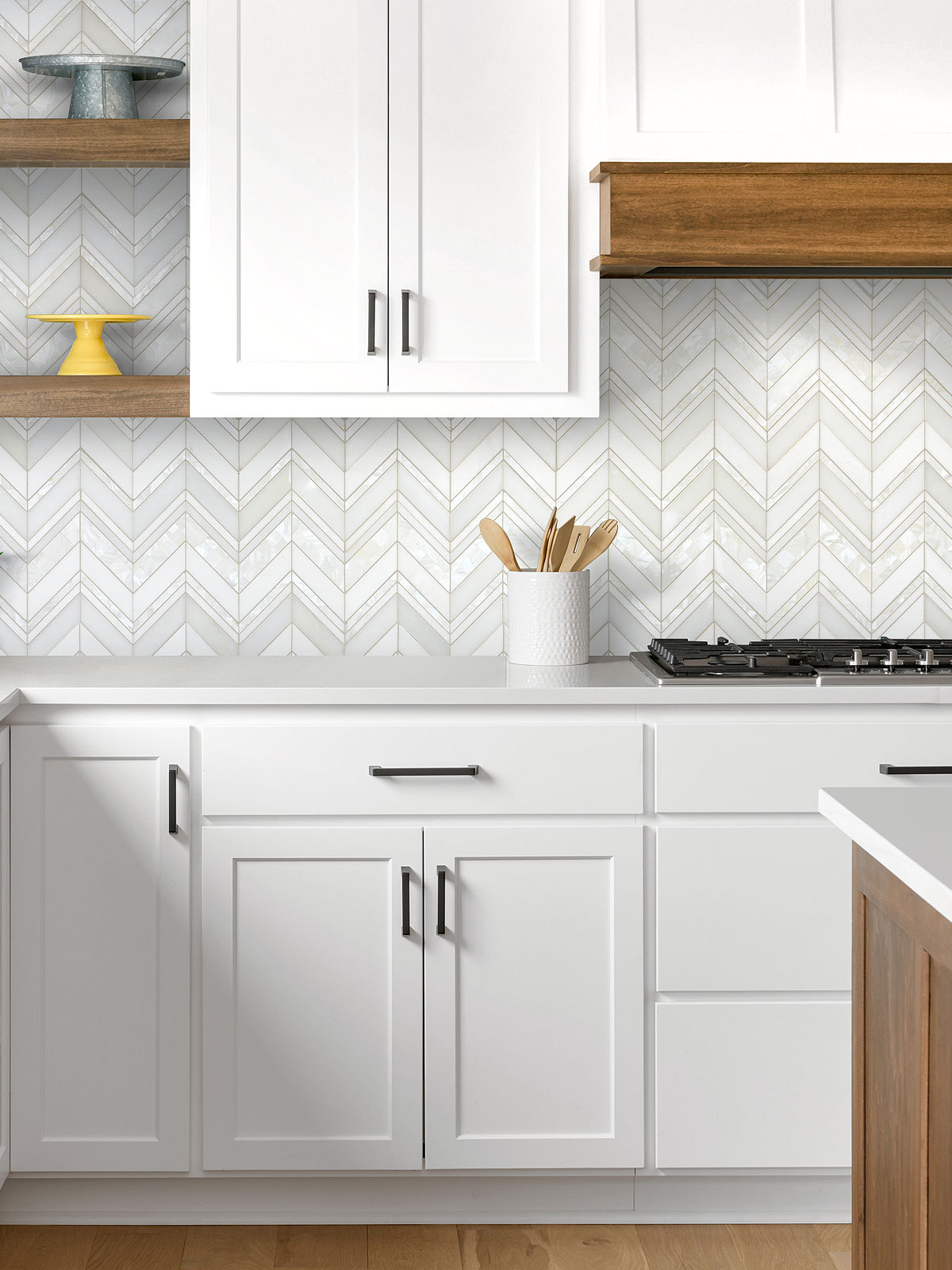 White Kitchen with Chevron Pearl Marble Backsplash Tile BA8030